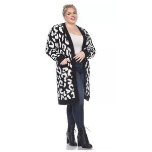 White Mark Women's Plus Size Leopard Print Open Front Sherpa Cardigan 2X/3X